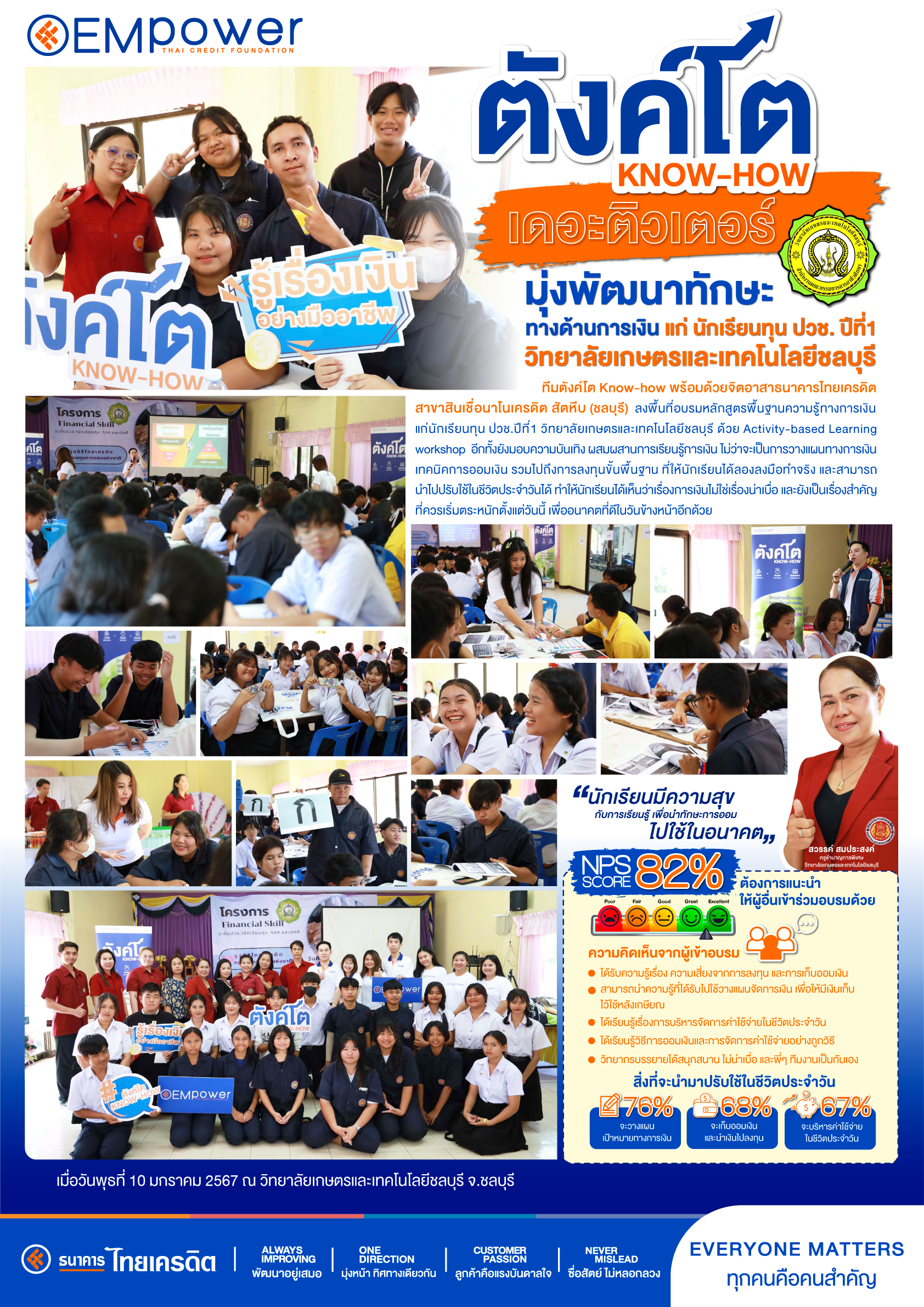 Tang To The TUTOR มุ่งพัฒนาทักษะทางด้านการเงิน แก่นักเรียนทุน ปวช. ปีที่1 วิทยาลัยเกษตรและเทคโนโลยีชลบุรี